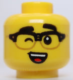 Lego Head Black Eyebrows and Horn Rimmed Glasses Grin Wink Open Mouth