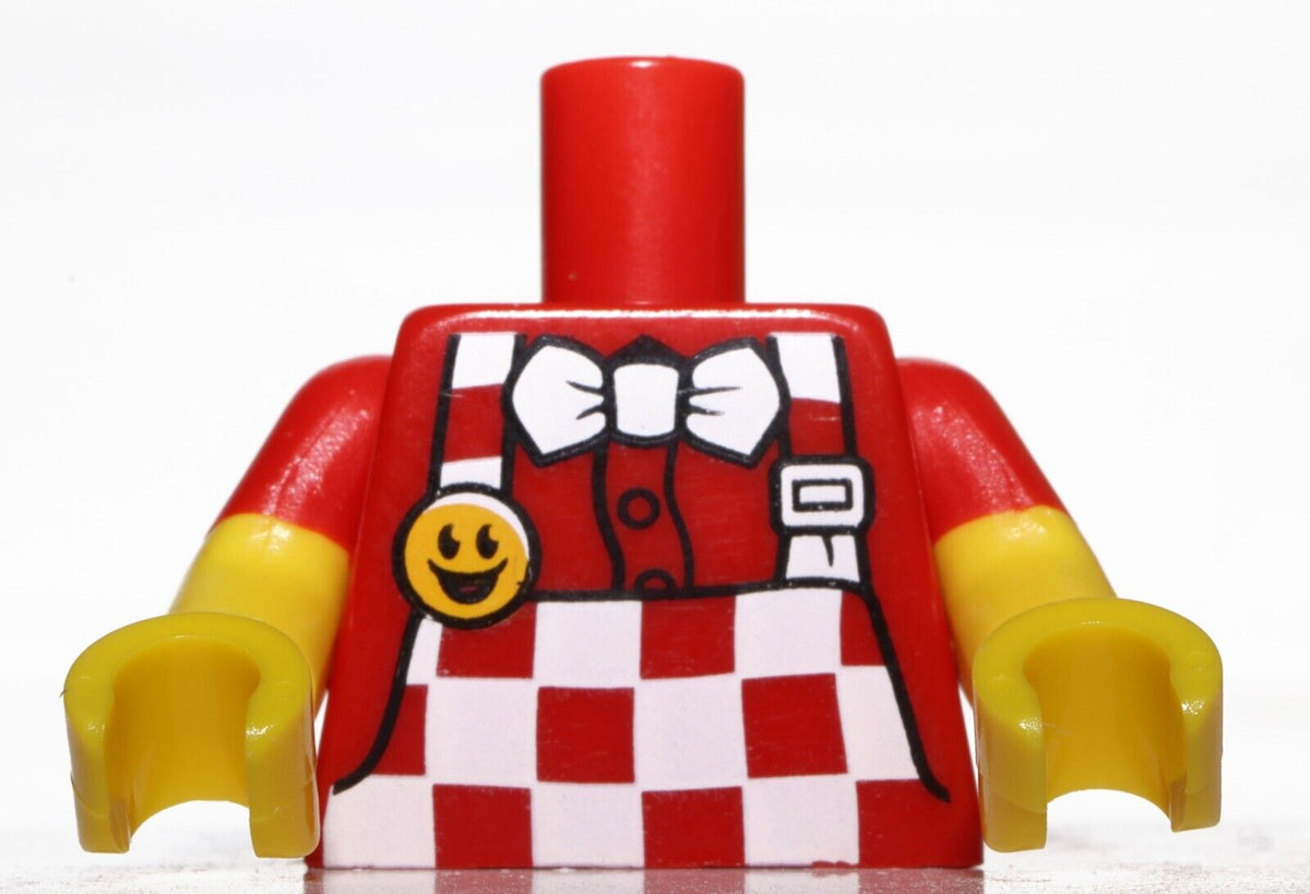 Lego Red Torso Checkered Apron White Bow Tie Bright Light Orange Smile  Button
