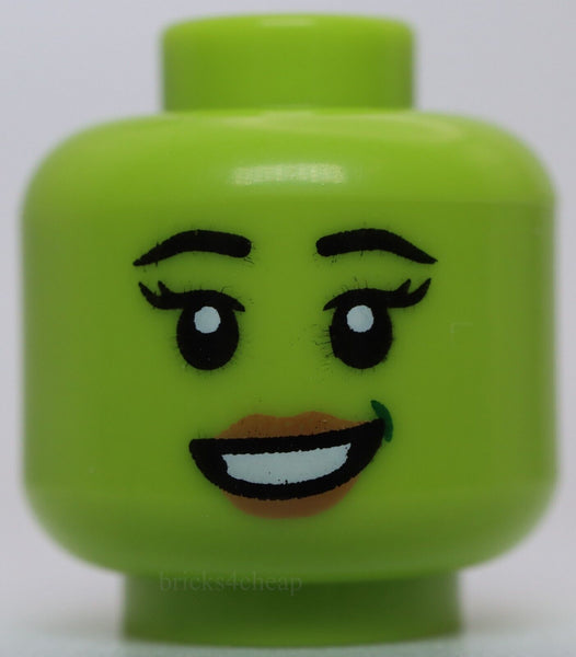Lego Lime Minifig Head Female Eyebrows Eyelashes Dark Green Dimple Lopsided Grin