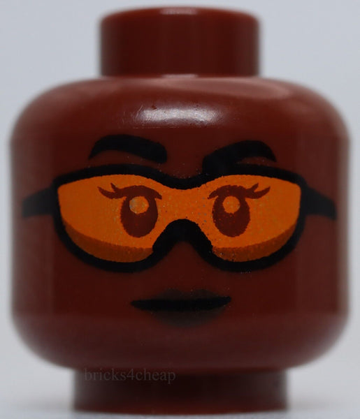 Lego Head Female Black Eyebrows Orange Goggles Dark Brown Lips Pattern
