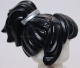 Lego Black Minifig Hair Female Wavy Ponytail Long Bangs Silver Band Pattern