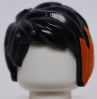 Lego Black Minifig Hair Female Short Tousled Side Part Orange Highlights Pattern