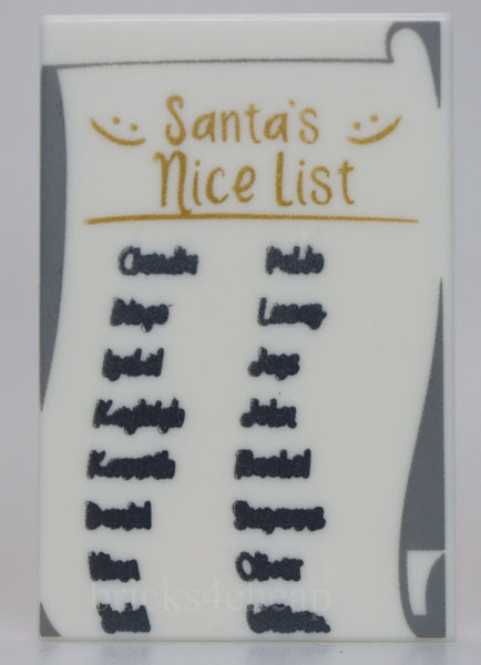 Lego 2x White Tile 2 x 3 with Gold Santas Nice List and Black Names Pattern