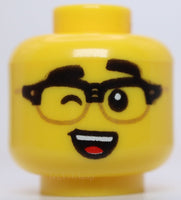 Lego Head Black Eyebrows and Horn Rimmed Glasses Grin Wink Open Mouth