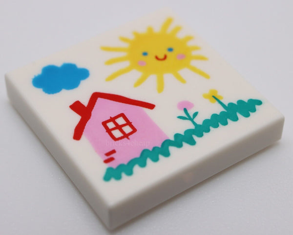 Lego 2x Tile 2 x 2 with Drawing of Cloud Sun House and Flowers Pattern