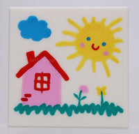 Lego 2x Tile 2 x 2 with Drawing of Cloud Sun House and Flowers Pattern