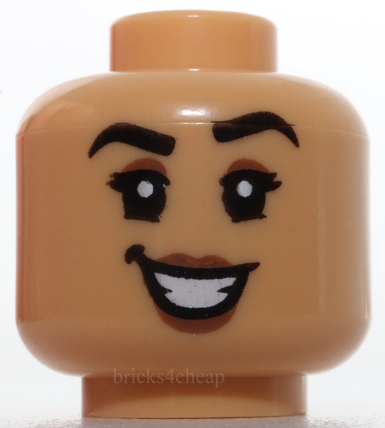 Lego Female Head Black Eyebrows and Eyelashes Medium Brown Eye Shadow Lips Grin