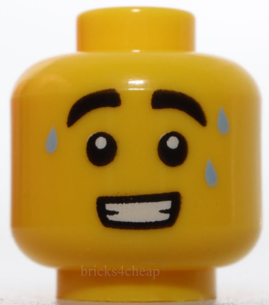Lego Head Black Thick Eyebrows 3 Bright Light Blue Sweat Drops Open Mouth