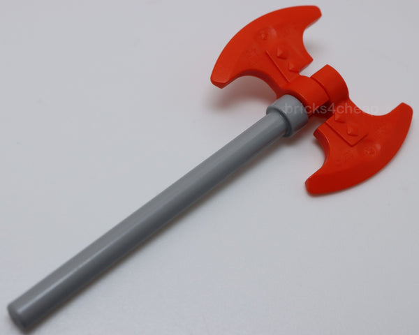 Lego Reddish Orange Weapon Double Axe Head with Clip 6L Light Bluish Gray Bar
