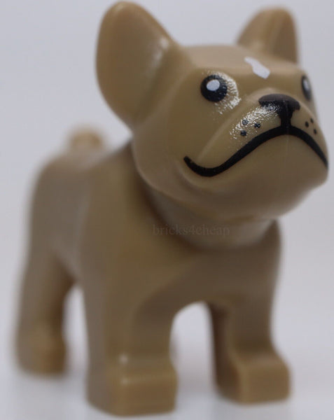 Lego Dark Tan Dog French Bulldog with Black Eyes Nose Mouth Whiskers White Spot