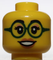 Lego Yellow Minifig Head Dual Sided Female Black Eyebrows Dark Green Glasses