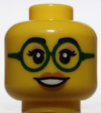 Lego Yellow Minifig Head Dual Sided Female Black Eyebrows Dark Green Glasses