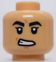 Lego Medium Tan Head Female Black Thick Brows Chin Dimple Gritted Teeth Smile