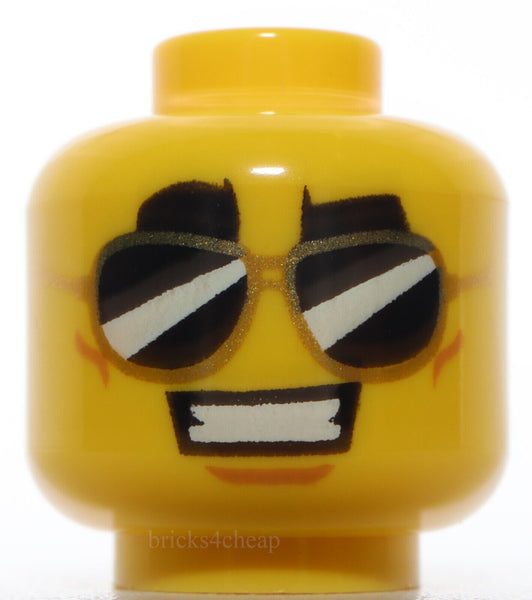 Lego Yellow Minifig Head Dual Sided Thick Black Brows Black Sunglasses Smile