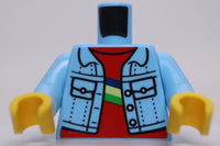 Lego Bright Light Blue Minifig Torso Denim Jacket Red Shirt Blue Tan Green Flag