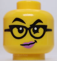 Lego Yellow Minifig Head Black Glasses Medium Lavender Lips Lopsided Grin Stern