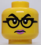 Lego Yellow Minifig Head Black Glasses Medium Lavender Lips Lopsided Grin Stern