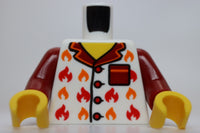 Lego Torso White Pajama Shirt Dark Red Pocket and Collar Orange and Red Flames