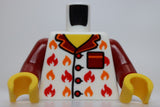 Lego Torso White Pajama Shirt Dark Red Pocket and Collar Orange and Red Flames