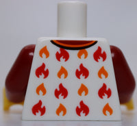 Lego Torso White Pajama Shirt Dark Red Pocket and Collar Orange and Red Flames