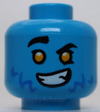 Lego Head Black Eyebrows Blue Fur White Teeth Smile Bright Light Orange Red Eyes