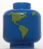 Lego Blue Minifigure Head without Face with Lime Globe World Map Pattern