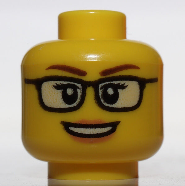 Lego 2x Yellow Minifig Head Female Glasses Brown Brows Open Mouth Smile