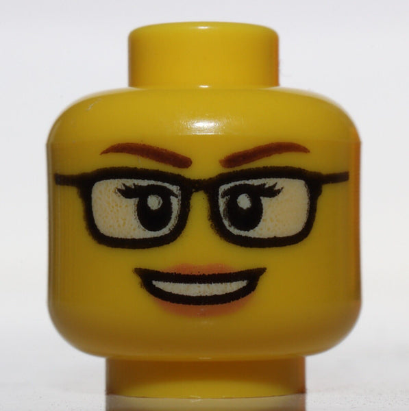 Lego Yellow Minifig Head Female Glasses Brown Brows Open Mouth Smile