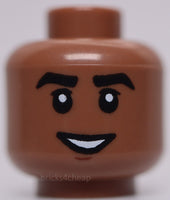 Lego Medium Brown Head Dual Sided Black Thick Eyebrows Chin Dimple Grin