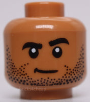 Lego Medium Nougat Head Dual Sided Black Eyebrows and Stubble Neutral Lopsided