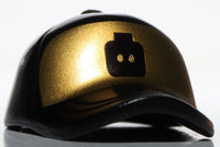 Lego Hat Cap Short Curved Bill Seams Button on Top Black Minifig Head on Gold