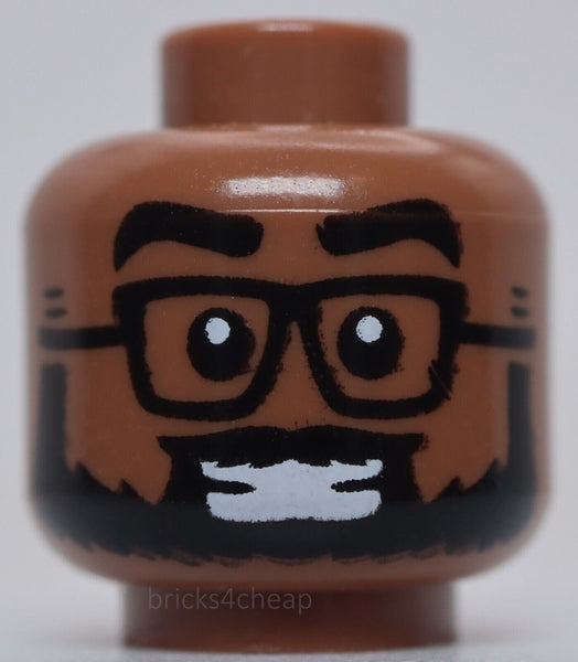 Lego Medium Brown Dual Sided Head Black Eyebrows Glasses and Full Beard Smile