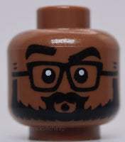 Lego Medium Brown Dual Sided Head Black Eyebrows Glasses and Full Beard Smile