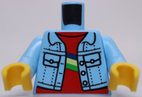 Lego Bright Light Blue Minifig Torso Denim Jacket Red Shirt Blue Tan Green Flag