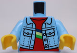 Lego Bright Light Blue Minifig Torso Denim Jacket Red Shirt Blue Tan Green Flag