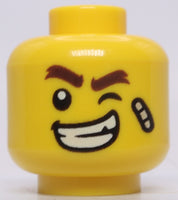 Lego Yellow Minifig Head Bandage Dark Brown Bushy Eyebrows Winking Left Eye