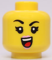 Lego Yellow Minifig Head Dual Sided Female Black Eyebrows Bright Pink Lips Smirk