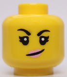 Lego Yellow Minifig Head Dual Sided Female Black Eyebrows Bright Pink Lips Smirk