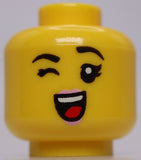 Lego Yellow Female Dual Sided Head Open mouth Green Eye Piece Pink Lips