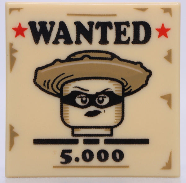Lego Tan Decorated 2 x 2 Tile "Wanted" Poster Bandit 5,000 Dollar Reward