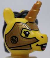 Lego Yellow Unicorn Modified Head with Black Hair Gold Horn Face Plates