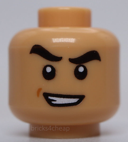 Lego Medium Tan Minifig Head Black Thick Eyebrows Raised Scowl Teeth