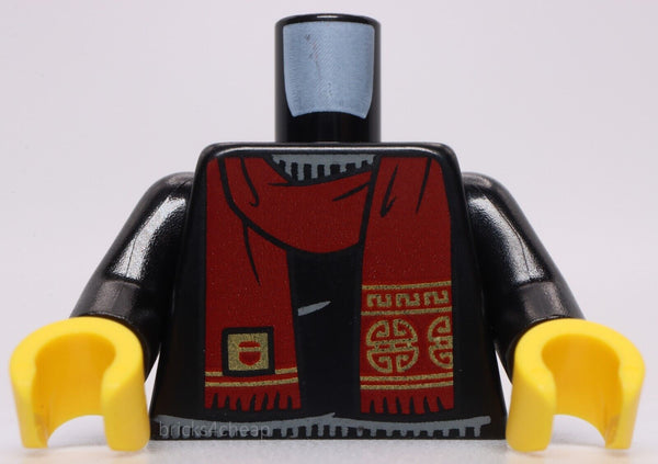 Lego Black Torso Sweater Dark Red Scarf with Gold Chinese Circles Pattern