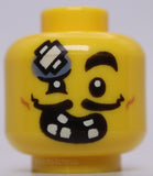 Lego Head Dual Sided Black Eyebrows Moustache Open Mouth Grin Bandage on Head