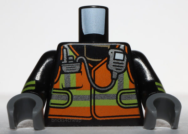 Lego Fire Fighter Black Torso Orange Vest Silver Lime Stripes Silver Radio