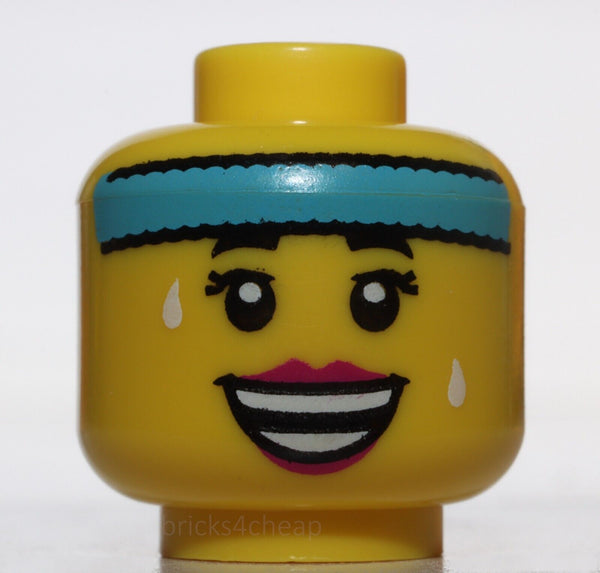 Lego Yellow Minifig Head Female Dark Azure Headband Sweat Drops Magenta Lips