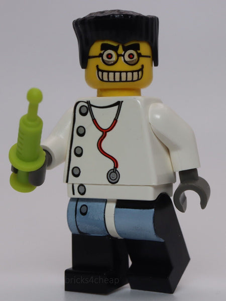 Lego Studios Mad Scientist Dual Sided Head White Lag Coat Buttons Syringe