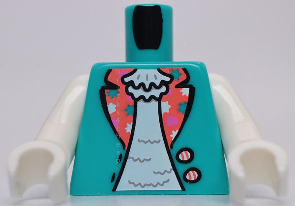 Lego Dark Turquoise Minifig Torso Vest White Sleeves Coral Floral Collar