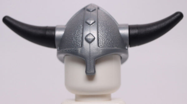 Lego Flat Silver Minifig Headgear Helmet Viking with Side Holes Black Barbs