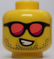 Lego Head Black Sunglasses Coral and Magenta Lenses Dark Tan Stubble Open Mouth